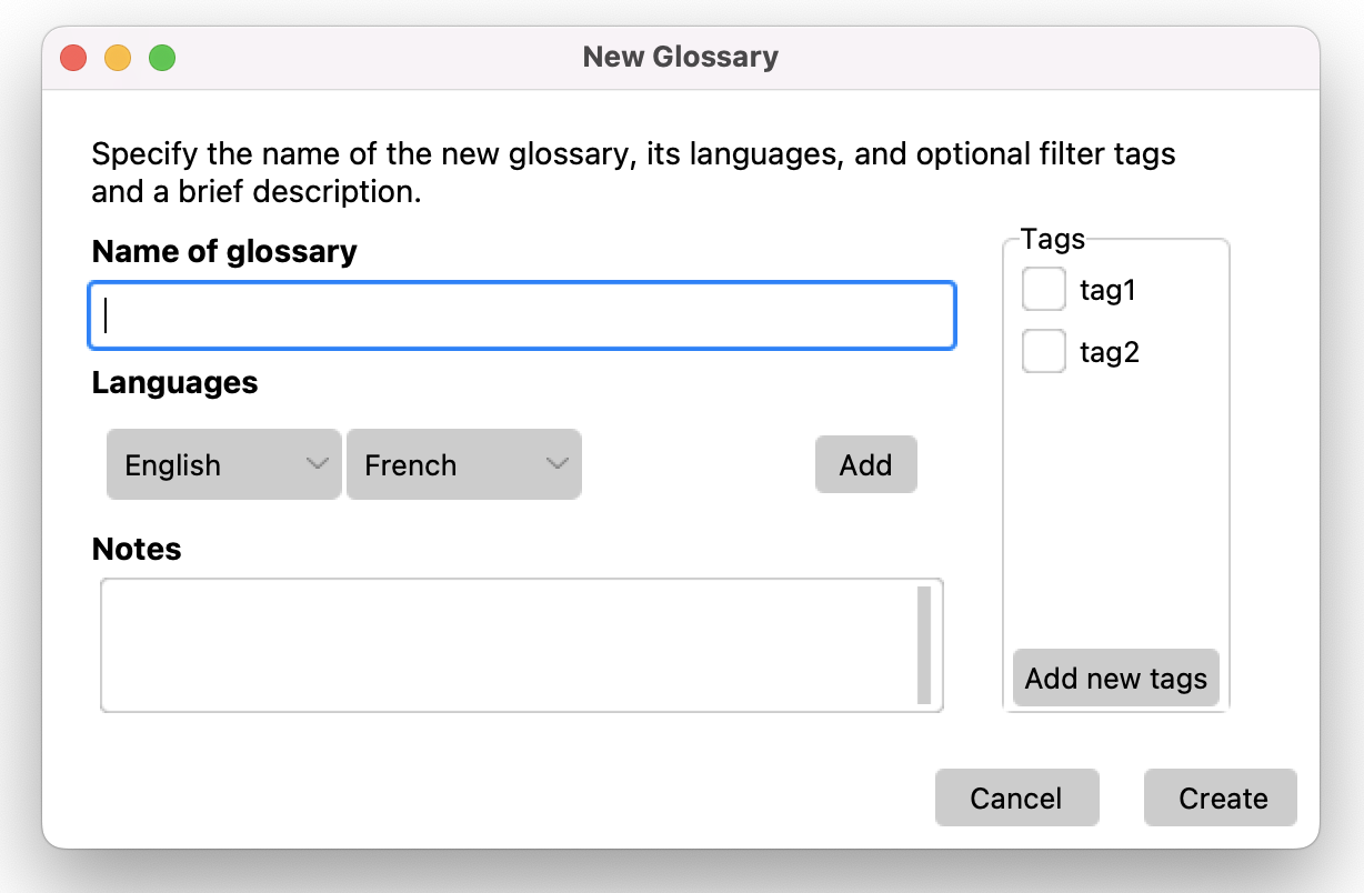 InterpretBank create new glossary dialog
