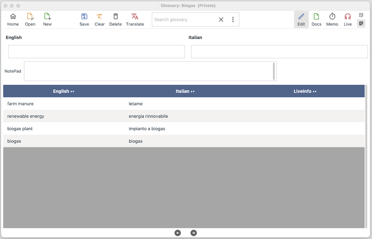 InterpretBank glossary edit fields and table