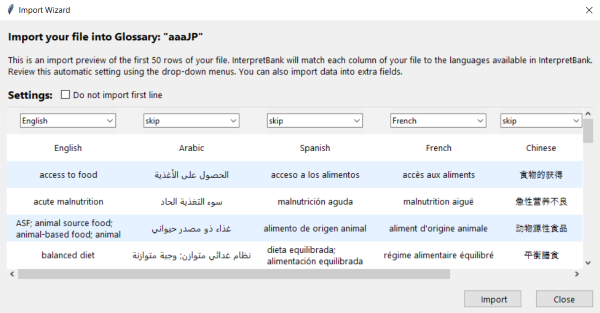 InterpretBank import Excel glossary preview