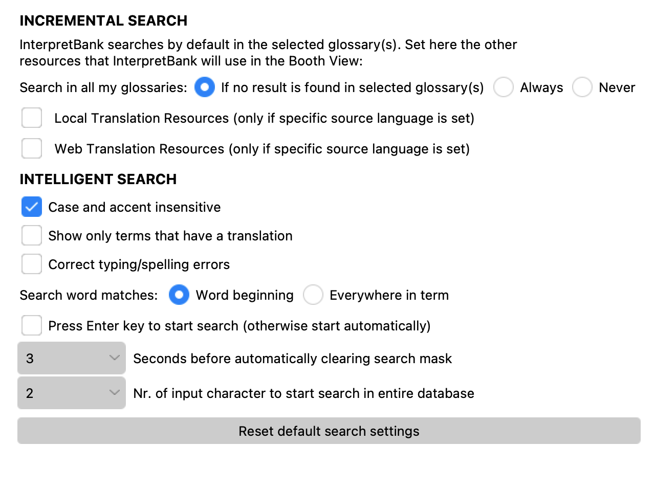 InterpretBank live search options