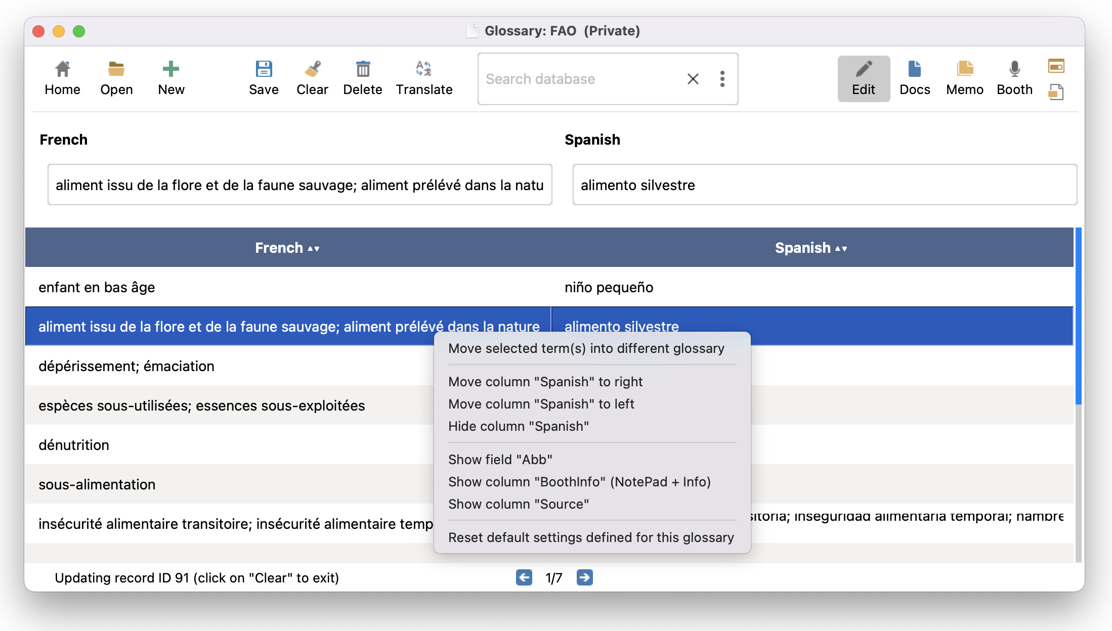 InterpretBank move glossary column menu
