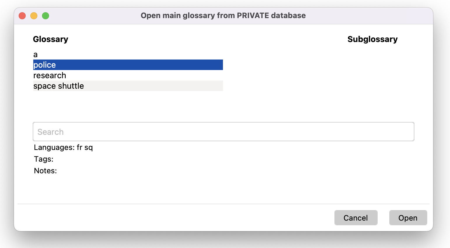 InterpretBank open glossary dialog
