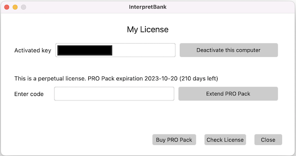 InterpretBank PRO Pack license window