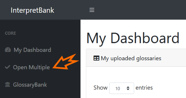 InterpretBank WebApp open multiple glossaries dialog