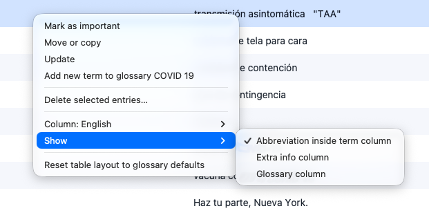 Show menu with Abbreviation inside term column selected
